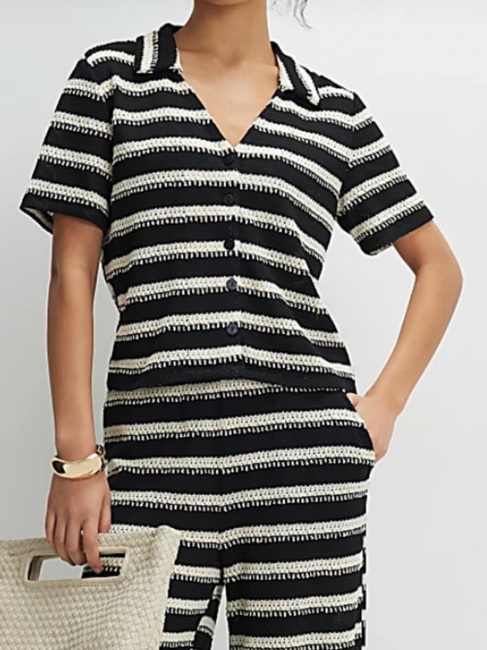 River Island Black and Cream Striped Knit Polo Cardigan
